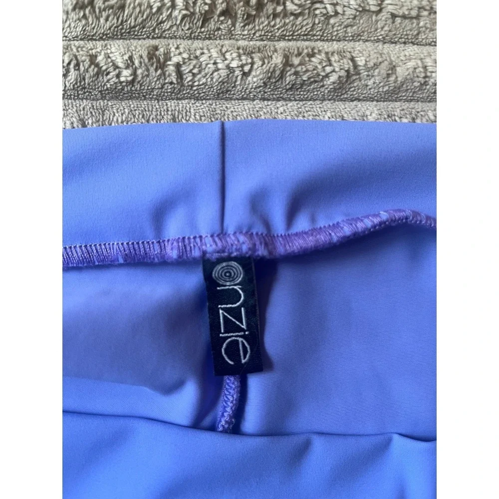 Onzie Purple Blue Strappy Sports Bra and Side Tie Shorts Activewear Set